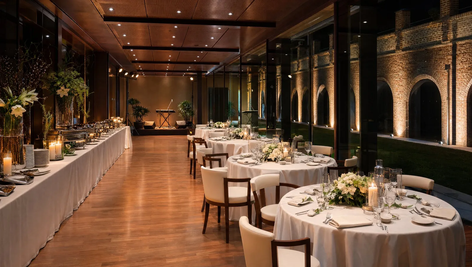 Il ristorante allestito con il buffet, rendering illustrativo