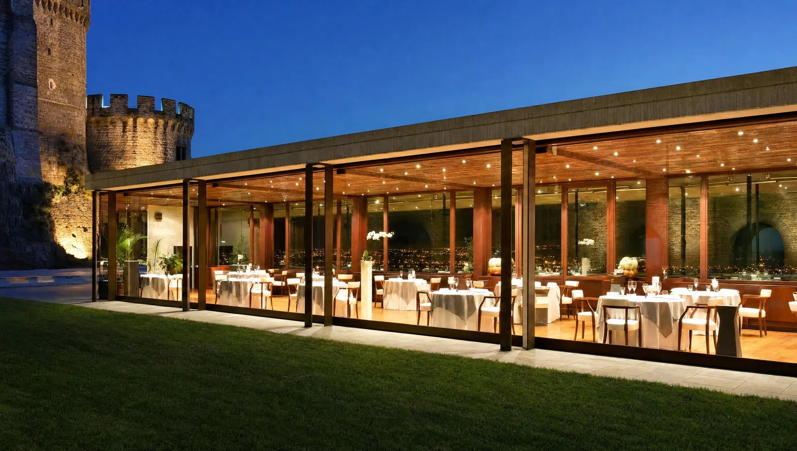 Il ristorante del Castello illuminato di sera, rendering illustrativo